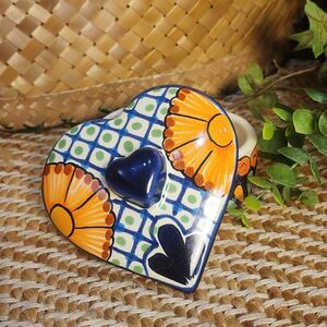 Talavera Mexican Handpainted Pottery Heart Shaped Trinket Box By Garay Lead Free